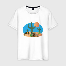 Мужская футболка хлопок с принтом Мексиканский пейзаж в Екатеринбурге, 100% хлопок | прямой крой, круглый вырез горловины, длина до линии бедер, слегка спущенное плечо. | кактус | мексика | мексиканский пейзажпейзаж