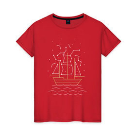 Женская футболка хлопок с принтом Звездный корабль в Екатеринбурге, 100% хлопок | прямой крой, круглый вырез горловины, длина до линии бедер, слегка спущенное плечо | волны | звезды | корабль | море | паруса | созвездия