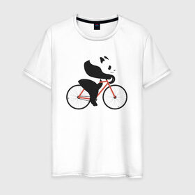Мужская футболка хлопок с принтом Панда на велосипеде в Екатеринбурге, 100% хлопок | прямой крой, круглый вырез горловины, длина до линии бедер, слегка спущенное плечо. | Тематика изображения на принте: панда