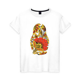 Женская футболка хлопок с принтом Матрёшка хохлома в Екатеринбурге, 100% хлопок | прямой крой, круглый вырез горловины, длина до линии бедер, слегка спущенное плечо | матрёшка | матрёшка хохломахохлома | орнамент | узор