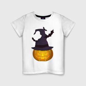 Детская футболка хлопок с принтом Тыква в колпаке в Екатеринбурге, 100% хлопок | круглый вырез горловины, полуприлегающий силуэт, длина до линии бедер | halloween | колпак | мистика | тыква | ужас | хеллоуин