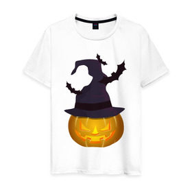 Мужская футболка хлопок с принтом Тыква в колпаке в Екатеринбурге, 100% хлопок | прямой крой, круглый вырез горловины, длина до линии бедер, слегка спущенное плечо. | halloween | колпак | мистика | тыква | ужас | хеллоуин