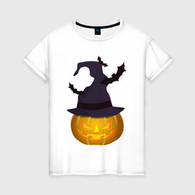 Женская футболка хлопок с принтом Тыква в колпаке в Екатеринбурге, 100% хлопок | прямой крой, круглый вырез горловины, длина до линии бедер, слегка спущенное плечо | halloween | колпак | мистика | тыква | ужас | хеллоуин