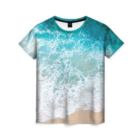Женская футболка 3D с принтом Берег в Екатеринбурге, 100% полиэфир ( синтетическое хлопкоподобное полотно) | прямой крой, круглый вырез горловины, длина до линии бедер | Тематика изображения на принте: берег | вода | волны | море | пляж | прилив