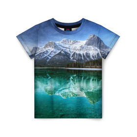 Детская футболка 3D с принтом Отражение в Екатеринбурге, 100% гипоаллергенный полиэфир | прямой крой, круглый вырез горловины, длина до линии бедер, чуть спущенное плечо, ткань немного тянется | горы | облака | озеро | пейзаж