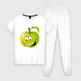Женская пижама хлопок с принтом Яблоко в Екатеринбурге, 100% хлопок | брюки и футболка прямого кроя, без карманов, на брюках мягкая резинка на поясе и по низу штанин | смайлик | улыбка | фрукты | яблоко | яблокосмайл