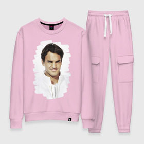 Женский костюм хлопок с принтом Roger Federer в Екатеринбурге, 100% хлопок | на свитшоте круглая горловина, мягкая резинка по низу. Брюки заужены к низу, на них два вида карманов: два 