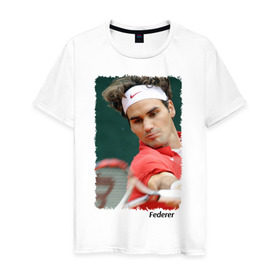 Мужская футболка хлопок с принтом Роджер Федерер в Екатеринбурге, 100% хлопок | прямой крой, круглый вырез горловины, длина до линии бедер, слегка спущенное плечо. | roger federer | роджер федерер | теннис | чемпион