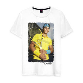 Мужская футболка хлопок с принтом Рафаэль Надаль в Екатеринбурге, 100% хлопок | прямой крой, круглый вырез горловины, длина до линии бедер, слегка спущенное плечо. | rafael nadal | рафаэль надаль | теннис | чемпион