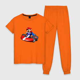 Женская пижама хлопок с принтом Mario Kart в Екатеринбурге, 100% хлопок | брюки и футболка прямого кроя, без карманов, на брюках мягкая резинка на поясе и по низу штанин | nintendo | карт | марио | нинтендо