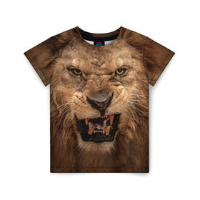 Детская футболка 3D с принтом Лев в Екатеринбурге, 100% гипоаллергенный полиэфир | прямой крой, круглый вырез горловины, длина до линии бедер, чуть спущенное плечо, ткань немного тянется | животные | злой лев | зубы | лев | оскал