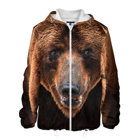 Мужская куртка 3D с принтом Медведь в Екатеринбурге, ткань верха — 100% полиэстер, подклад — флис | прямой крой, подол и капюшон оформлены резинкой с фиксаторами, два кармана без застежек по бокам, один большой потайной карман на груди. Карман на груди застегивается на липучку | Тематика изображения на принте: бурый | гризли | животные | медведь | мишка