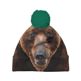 Шапка 3D c помпоном с принтом Медведь в Екатеринбурге, 100% полиэстер | универсальный размер, печать по всей поверхности изделия | бурый | гризли | животные | медведь | мишка