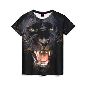 Женская футболка 3D с принтом Пантера в Екатеринбурге, 100% полиэфир ( синтетическое хлопкоподобное полотно) | прямой крой, круглый вырез горловины, длина до линии бедер | животные | зубы | киса | киска | кошка | оскал | пантера