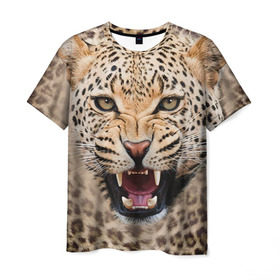 Мужская футболка 3D с принтом Леопард в Екатеринбурге, 100% полиэфир | прямой крой, круглый вырез горловины, длина до линии бедер | животные | зубы | киса | киска | кошка | леопард | оскал