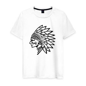 Мужская футболка хлопок с принтом Индеец в Екатеринбурге, 100% хлопок | прямой крой, круглый вырез горловины, длина до линии бедер, слегка спущенное плечо. | вождь | индеец | индеецперья | индейцы | узоры