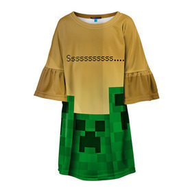 Детское платье 3D с принтом Minecraft в Екатеринбурге, 100% полиэстер | прямой силуэт, чуть расширенный к низу. Круглая горловина, на рукавах — воланы | Тематика изображения на принте: крипер
