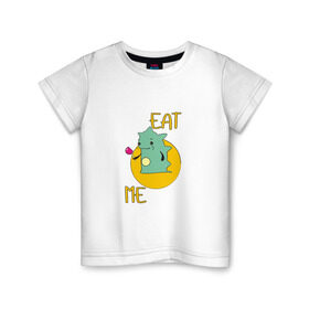 Детская футболка хлопок с принтом Съешь меня в Екатеринбурге, 100% хлопок | круглый вырез горловины, полуприлегающий силуэт, длина до линии бедер | Тематика изображения на принте: eat | me | меня | пирожное | съешь | съешь меня (eat me)животные