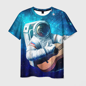 Мужская футболка 3D с принтом Космонавт с гитарой в Екатеринбурге, 100% полиэфир | прямой крой, круглый вырез горловины, длина до линии бедер | гитара