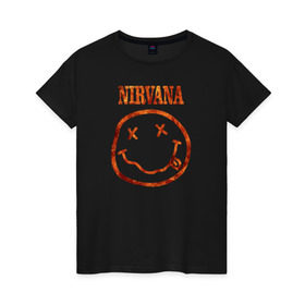 Женская футболка хлопок с принтом Nirvana fire в Екатеринбурге, 100% хлопок | прямой крой, круглый вырез горловины, длина до линии бедер, слегка спущенное плечо | cobain | kurt | nirvana | кобейн | курт | нирвана | рок