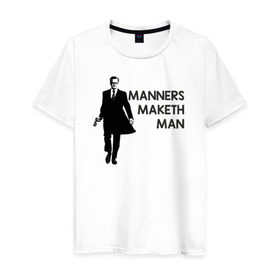Мужская футболка хлопок с принтом Manners Maketh Man в Екатеринбурге, 100% хлопок | прямой крой, круглый вырез горловины, длина до линии бедер, слегка спущенное плечо. | manners maketh man kingsman кингсман
