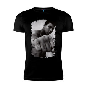 Мужская футболка премиум с принтом Мухаммед Али в Екатеринбурге, 92% хлопок, 8% лайкра | приталенный силуэт, круглый вырез ворота, длина до линии бедра, короткий рукав | мухаммед али
