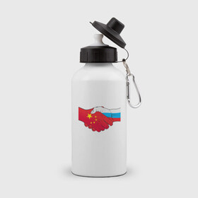 Бутылка спортивная с принтом Россия Китай в Екатеринбурге, металл | емкость — 500 мл, в комплекте две пластиковые крышки и карабин для крепления | европа | китай | россия | руки | сила