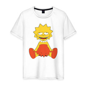 Мужская футболка хлопок с принтом Lisa Simpson happy в Екатеринбурге, 100% хлопок | прямой крой, круглый вырез горловины, длина до линии бедер, слегка спущенное плечо. | 