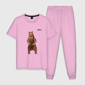 Мужская пижама хлопок с принтом Медведь Plan B №2 (чёрный) в Екатеринбурге, 100% хлопок | брюки и футболка прямого кроя, без карманов, на брюках мягкая резинка на поясе и по низу штанин
 | Тематика изображения на принте: planb | кальян | медведь | на макете изображен бурый медведь с кальяном | планб