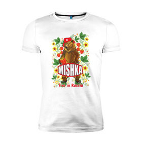 Мужская футболка премиум с принтом MISHKA в Екатеринбурге, 92% хлопок, 8% лайкра | приталенный силуэт, круглый вырез ворота, длина до линии бедра, короткий рукав | медведь | мишка | россия | русский | хохлома | ягода