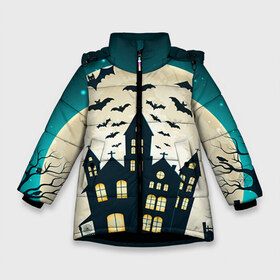 Зимняя куртка для девочек 3D с принтом Хэллоуин Замок в Екатеринбурге, ткань верха — 100% полиэстер; подклад — 100% полиэстер, утеплитель — 100% полиэстер. | длина ниже бедра, удлиненная спинка, воротник стойка и отстегивающийся капюшон. Есть боковые карманы с листочкой на кнопках, утяжки по низу изделия и внутренний карман на молнии. 

Предусмотрены светоотражающий принт на спинке, радужный светоотражающий элемент на пуллере молнии и на резинке для утяжки. | halloween | замок | праздник | тыква | хэллоуин