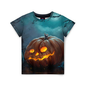 Детская футболка 3D с принтом Тыква в Екатеринбурге, 100% гипоаллергенный полиэфир | прямой крой, круглый вырез горловины, длина до линии бедер, чуть спущенное плечо, ткань немного тянется | Тематика изображения на принте: halloween | праздник | тыква | хэллоуин