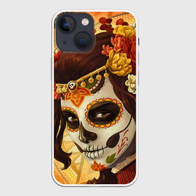 Чехол для iPhone 13 mini с принтом Девушка. Сахарный череп в Екатеринбурге,  |  | halloween | девушка | праздник | сахарный череп | тыква | хэллоуин | череп