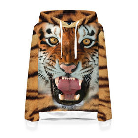 Женская толстовка 3D с принтом Тигр в Екатеринбурге, 100% полиэстер  | двухслойный капюшон со шнурком для регулировки, мягкие манжеты на рукавах и по низу толстовки, спереди карман-кенгуру с мягким внутренним слоем. | животные | зубы | кошка | тигр