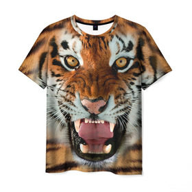 Мужская футболка 3D с принтом Тигр в Екатеринбурге, 100% полиэфир | прямой крой, круглый вырез горловины, длина до линии бедер | Тематика изображения на принте: животные | зубы | кошка | тигр