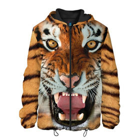 Мужская куртка 3D с принтом Тигр в Екатеринбурге, ткань верха — 100% полиэстер, подклад — флис | прямой крой, подол и капюшон оформлены резинкой с фиксаторами, два кармана без застежек по бокам, один большой потайной карман на груди. Карман на груди застегивается на липучку | животные | зубы | кошка | тигр
