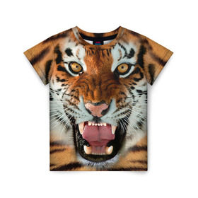 Детская футболка 3D с принтом Тигр в Екатеринбурге, 100% гипоаллергенный полиэфир | прямой крой, круглый вырез горловины, длина до линии бедер, чуть спущенное плечо, ткань немного тянется | животные | зубы | кошка | тигр