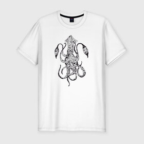 Мужская футболка премиум с принтом Кальмар в Екатеринбурге, 92% хлопок, 8% лайкра | приталенный силуэт, круглый вырез ворота, длина до линии бедра, короткий рукав | клевый кальмар. стильный принт.кальмар | море | осьминог | стиль