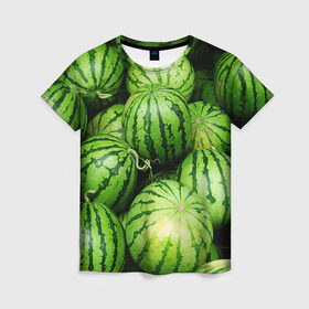 Женская футболка 3D с принтом Арбузы в Екатеринбурге, 100% полиэфир ( синтетическое хлопкоподобное полотно) | прямой крой, круглый вырез горловины, длина до линии бедер | арбуз | еда | фрукт | ягода