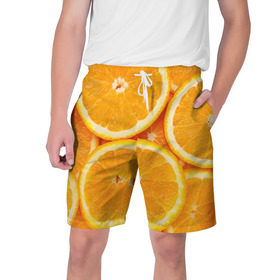Мужские шорты 3D с принтом Апельсин в Екатеринбурге,  полиэстер 100% | прямой крой, два кармана без застежек по бокам. Мягкая трикотажная резинка на поясе, внутри которой широкие завязки. Длина чуть выше колен | апельсин | еда | лимон | фрукт