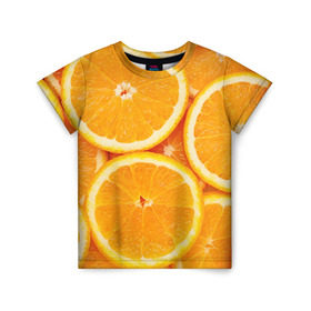 Детская футболка 3D с принтом Апельсин в Екатеринбурге, 100% гипоаллергенный полиэфир | прямой крой, круглый вырез горловины, длина до линии бедер, чуть спущенное плечо, ткань немного тянется | апельсин | еда | лимон | фрукт