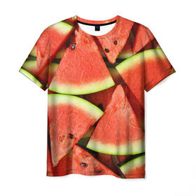 Мужская футболка 3D с принтом Дольки арбуза в Екатеринбурге, 100% полиэфир | прямой крой, круглый вырез горловины, длина до линии бедер | Тематика изображения на принте: арбуз | дольки арбуза | еда | фрукт | ягода