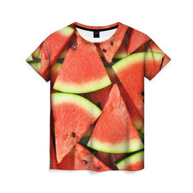 Женская футболка 3D с принтом Дольки арбуза в Екатеринбурге, 100% полиэфир ( синтетическое хлопкоподобное полотно) | прямой крой, круглый вырез горловины, длина до линии бедер | Тематика изображения на принте: арбуз | дольки арбуза | еда | фрукт | ягода