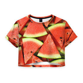 Женская футболка 3D укороченная с принтом Дольки арбуза в Екатеринбурге, 100% полиэстер | круглая горловина, длина футболки до линии талии, рукава с отворотами | арбуз | дольки арбуза | еда | фрукт | ягода