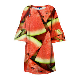 Детское платье 3D с принтом Дольки арбуза в Екатеринбурге, 100% полиэстер | прямой силуэт, чуть расширенный к низу. Круглая горловина, на рукавах — воланы | Тематика изображения на принте: арбуз | дольки арбуза | еда | фрукт | ягода