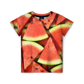 Детская футболка 3D с принтом Дольки арбуза в Екатеринбурге, 100% гипоаллергенный полиэфир | прямой крой, круглый вырез горловины, длина до линии бедер, чуть спущенное плечо, ткань немного тянется | Тематика изображения на принте: арбуз | дольки арбуза | еда | фрукт | ягода