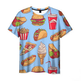 Мужская футболка 3D с принтом Еда в Екатеринбурге, 100% полиэфир | прямой крой, круглый вырез горловины, длина до линии бедер | гамбургер | еда | пицца | фастфуд | фри