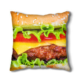 Подушка 3D с принтом Гамбургер в Екатеринбурге, наволочка – 100% полиэстер, наполнитель – холлофайбер (легкий наполнитель, не вызывает аллергию). | состоит из подушки и наволочки. Наволочка на молнии, легко снимается для стирки | бутерброд | гамбургер | еда | фастфуд | чизбургер