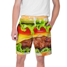 Мужские шорты 3D с принтом Гамбургер в Екатеринбурге,  полиэстер 100% | прямой крой, два кармана без застежек по бокам. Мягкая трикотажная резинка на поясе, внутри которой широкие завязки. Длина чуть выше колен | Тематика изображения на принте: бутерброд | гамбургер | еда | фастфуд | чизбургер