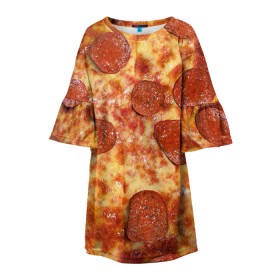 Детское платье 3D с принтом Пицца в Екатеринбурге, 100% полиэстер | прямой силуэт, чуть расширенный к низу. Круглая горловина, на рукавах — воланы | Тематика изображения на принте: pizza | еда | пицца | фастфуд